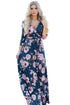 Navy Blue Blooming Flower Print Wrap V Neck Boho Dress